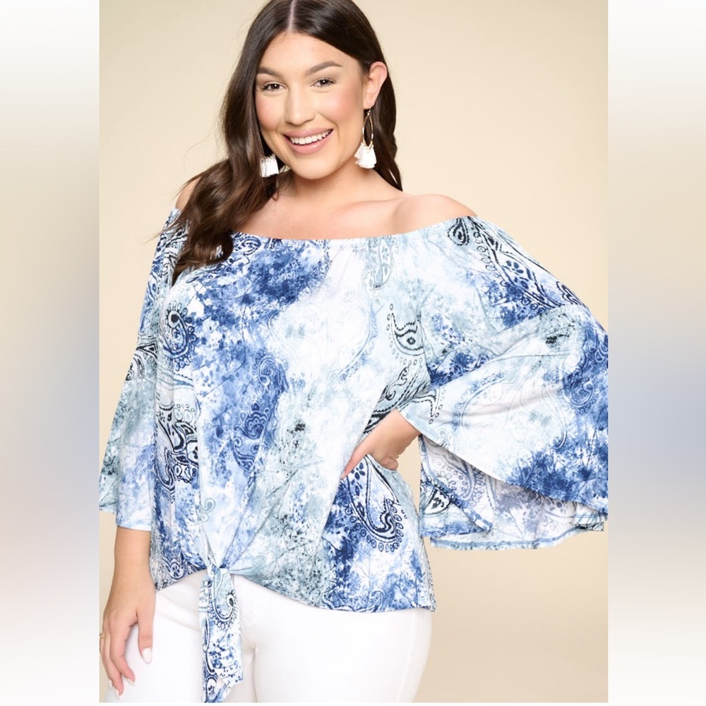 1. Blue and White Tie-Dye Flare Sleeve Off Shoulder Front Knot Top Plus Size